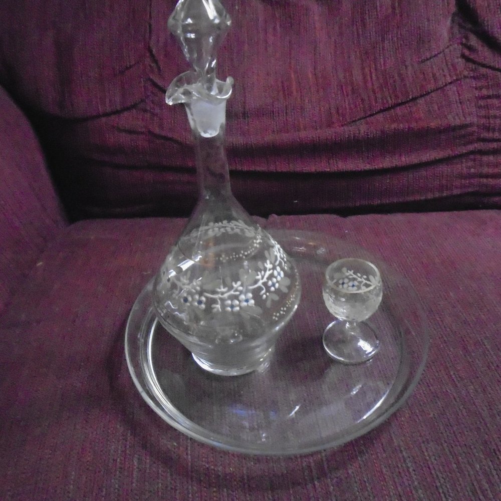 Very Old And Rare Hand Blown Liquor Decanter With Glass & Round Tray
